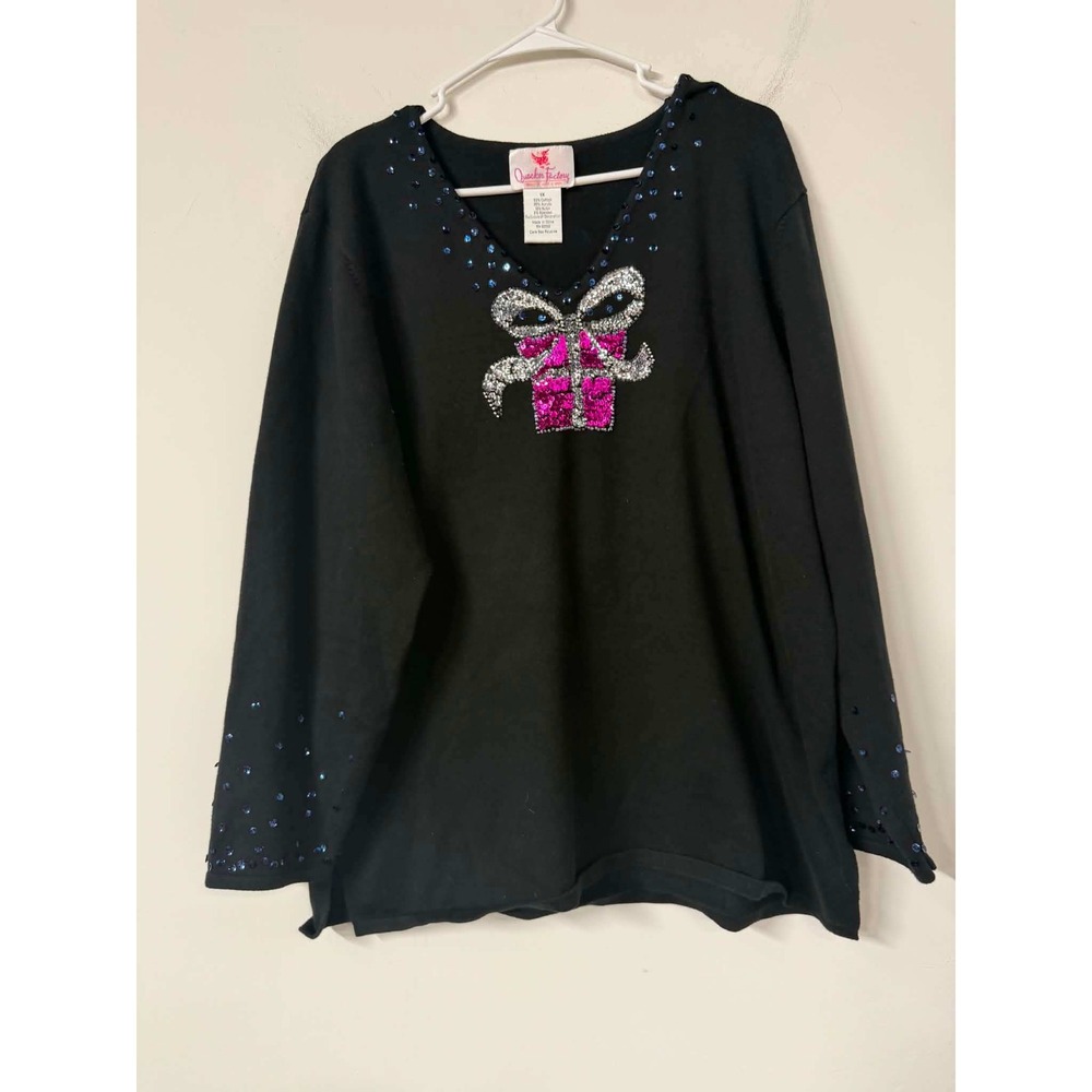 Quacker Factory Womens 1X Black Sweater Holiday Sequin Gift Box V-Neck Sparkle
